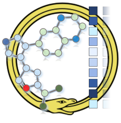Ouroboros symbol showing a molecular graph enclosed by a serpent beside an ordered molecular representation vector.